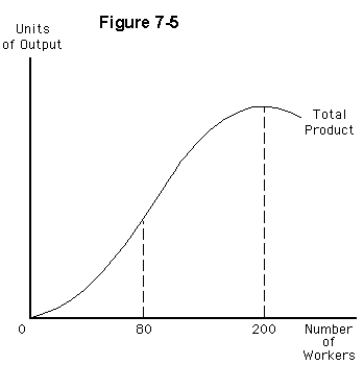 <strong> Consider the total product curve depicted in Figure 7-5.The firm experiences the greatest marginal returns to labor</strong> A)when employing more than 200 workers B)when employing between 80 and 200 workers C)when employing 80 workers D)when employing between zero and 80 workers E)at all levels of employment