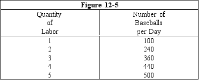 <strong> Figure 12-5 shows the number of baseballs a manufacturer can produce each day with different quantities of labor.Each baseball sells for $5 in a competitive market.For which level of employment is the marginal product of labor is greatest?</strong> A)1 worker B)2 workers C)3 workers D)4 workers E)5 workers