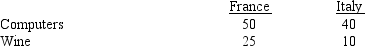 <strong>Consider the following table on output producible per 100 labor hours:   Which of the following statements is correct?</strong> A)All of the following are correct. B)France has a comparative advantage in producing computers. C)Italy's opportunity cost is 4 units of wine per computer. D)France produces more computers than Italy does. E)France produces more wine than Italy does. <div style=padding-top: 35px> 