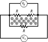 <strong>A changing magnetic field pierces the interior of a circuit containing three identical resistors. Two voltmeters are connected to the same points, as shown. V<sub>1</sub> reads 1 mV. V<sub>2</sub> reads: </strong> A) 0 B) 1/3 mV C) 1/2 mV D) 1 mV E) 2 mV
