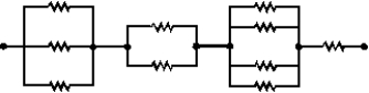 <strong>Each of the resistors in the diagram is 12 \Omega . The resistance of the entire circuit is: </strong> A) 5.76 \Omega B) 25 \Omega C) 48 \Omega D) 120 \Omega E) none of these
