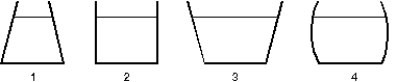 <strong>The vessels shown below all contain water to the same height. Rank them according to the pressure exerted by the water on the vessel bottoms, least to greatest. </strong> A) 1, 2, 3, 4 B) 3, 4, 2, 1 C) 4, 3, 2, 1 D) 2, 3, 4, 1 E) All pressures are the same