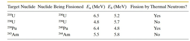 <strong>The table lists properties of several heavy nuclei when they are struck by thermal neutrons; E<sub>n</sub> is the excitation energy and E<sub>b</sub> is the energy barrier. Which quantity, or combination of quantities, represents the energy put into the oscillation of the resulting compound nucleus? </strong> A) E<sub>n</sub> B) E<sub>b</sub> C) E<sub>n</sub> - E<sub>b</sub> D) E<sub>b</sub> - E<sub>n</sub> E) Mass of the target nuclide + E<sub>b</sub>