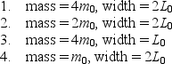 Four different particles are trapped in one-dimensional wells with infinite potential energy at their walls. The masses of the particles and the width of the wells are Rank them according to the kinetic energies of the particles when they are in their ground states, lowest to highest.