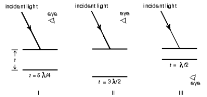 <strong>Three experiments involving a thin film (in air) are shown. If t denotes the film thickness and \lambda denotes the wavelength of the light in the film, which experiments will produce constructive interference as seen by the observer? </strong> A) I only B) II only C) III only D) I and III only E) II and III only