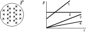 An electric field exists in the cylindrical region shown and is parallel to the cylinder axis. The magnitude of the field might vary with time according to any of the four graphs shown. Rank the four variations according to the magnitudes of the magnetic field induced at the edge of the region, least to greatest.