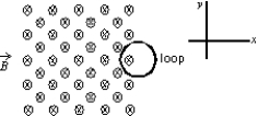 <strong>A circular loop of wire is positioned half in and half out of a square region of constant uniform magnetic field directed into the page, as shown. To induce a clockwise current in this loop: </strong> A) move it in +x direction B) move it in +y direction C) move it in -x direction D) move it in -y direction E) increase the strength of the magnetic field