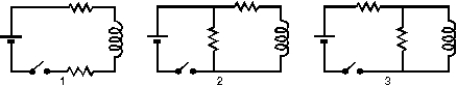 <strong>The diagrams show three circuits with identical batteries, identical inductors, and identical resistors. Rank them according to the current through the battery just after the switch is closed, from least to greatest. </strong> A) 3, 2, 1 B) 2 and 3 tie, then 1 C) 1, 3, 2 D) 1, 2, 3 E) 2, 3, 1