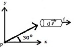 <strong>In the figure, if the current element has a length of 1.0 mm, carries a current of 2.5 A, and is a distance of 4.8 cm from the point P, what is the magnitude of the magnetic field at point P? </strong> A) 0 T B) 2.6 x 10<sup>-9</sup> T C) 5.4 x 10<sup>-8</sup> T D) 9.4 x 10<sup>-</sup><sup>8</sup> T E) 1.1 x 10<sup>-7</sup> T