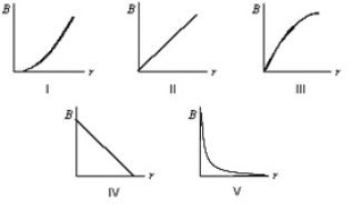 Which graph correctly gives the magnitude of the magnetic field outside an infinitely long, very thin, straight current-carrying wire as a function of the distance r from the wire?