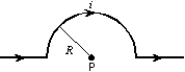 <strong>The magnitude of the magnetic field at point P, at the center of the semicircle shown, is given by: </strong> A) 2 \mu <sub>0</sub>i/R<sup>2</sup> B) \mu <sub>0</sub>i/2 \pi R C) \mu <sub>0</sub>i/4 \pi R D) \mu <sub>0</sub>i/2R E) \mu <sub>0</sub>i/4R