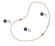 <strong>In the figure, there are three wires carrying currents in the indicated directions, and an Amperian loop. The sign of the contribution of the current in each wire to the path integral in Ampere's Law is: </strong> A) i<sub>1</sub> +, i<sub>2</sub> -, i<sub>3</sub> 0 B) i<sub>1</sub> -, i<sub>2</sub> +, i<sub>3</sub> 0 C) i<sub>1</sub> +, i<sub>2</sub> +, i<sub>3</sub> - D) i<sub>1</sub> -, i<sub>2</sub> -, i<sub>3</sub> + E) i<sub>1</sub> +, i<sub>2</sub> -, i<sub>3</sub> -