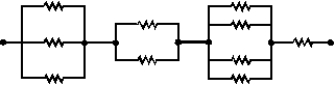 <strong>Each of the resistors in the diagram is 12 \Omega . The resistance of the entire circuit is: </strong> A) 5.8 \Omega B) 25 \Omega C) 48 \Omega D) 120 \Omega E) none of these