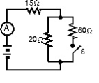 <strong>When switch S is open, the ammeter in the circuit shown reads 2.0 A. When S is closed, the ammeter reading: </strong> A) increases slightly B) remains the same C) decreases slightly D) doubles E) halves