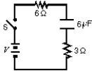 <strong>In the circuit shown, the capacitor is initially uncharged, and V = 10 V. At time t = 0, switch S is closed. If \tau denotes the time constant, the approximate current through the 3 \Omega resistor when t = \tau /10 is: </strong> A) 0.50 A B) 0.75 A C) 1.0 A D) 1.5 A E) 3.0 A
