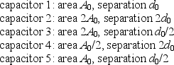 <strong>The plate areas and plate separations of five parallel plate capacitors are Rank these according to their capacitances, least to greatest.</strong> A) 1, 2, 3, 4, 5 B) 5, 4, 3, 2, 1 C) 5, then 3 and 4 tie, then 1, then 2 D) 4, then 1 and 2 tie, then 5, then 3 E) 3, then 5, then 1 and 2 tie, then 4
