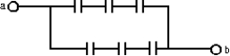 The diagram shows six 6- \mu F capacitors. The capacitance between points a and b is: