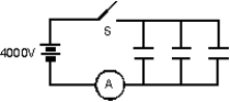 <strong>Each of the three 25- \mu F capacitors shown is initially uncharged. How many coulombs of charge pass through the ammeter A after the switch S is closed? </strong> A) 0.033 C B) 0.10 C C) 0.30 C D) 10 C E) none of these