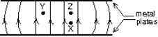 <strong>The diagram shows the electric field lines due to two charged parallel metal plates. We conclude that: </strong> A) the upper plate is positive and the lower plate is negative B) a proton at X would experience the same force if it were placed at Y C) a proton at X experiences a greater force than if it were placed at Z D) a proton at X experiences less force than if it were placed at Z E) an electron at X could have its weight balanced by the electrical force
