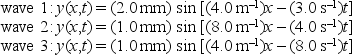 <strong>Here are equations for three waves traveling on separate strings. Rank them according to the maximum transverse speed, least to greatest. </strong> A) 1, 2, 3 B) 1, 3, 2 C) 2, 1, 3 D) 2, 3, 1 E) 3, 1, 2