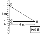 <strong>A 960-N block is suspended as shown. The beam AB is weightless and is hinged to the wall at A. The tension force of the cable BC has magnitude: </strong> A) 720 N B) 1200 N C) 1280 N D) 1600 N E) none of these