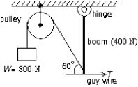 <strong>A 400-N uniform vertical boom is attached to the ceiling by a hinge, as shown. An 800-N weight W and a horizontal guy wire are attached to the lower end of the boom as indicated. The pulley is massless and frictionless. The tension force T of the horizontal guy wire has magnitude: </strong> A) 350 N B) 400 N C) 690 N D) 800 N E) 1200 N