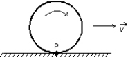 <strong>A wheel rolls without slipping along a horizontal road as shown. The velocity of the center of the wheel is represented by . Point P is painted on the rim of the wheel. The direction of the instantaneous velocity of point P is: </strong> A) \rightarrow B) \leftarrow C) \uparrow D) E) zero