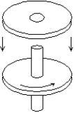 <strong>A wheel, with rotational inertia I, mounted on a vertical shaft with negligible rotational inertia, is rotating with angular speed \omega <sub>0. </sub>A nonrotating wheel with rotational inertia 2I is suddenly dropped onto the same shaft as shown. The resultant combination of the two wheels and shaft will rotate at: </strong> A) \omega <sub>0 </sub>/2 B) 2 \omega <sub>0</sub> C) \omega <sub>0</sub> /3 D) 3 \omega <sub>0</sub> E) \omega <sub>0 </sub>/4
