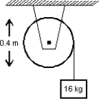 A 16 kg block is attached to a cord that is wrapped around the rim of a flywheel of diameter 0.40 m and hangs vertically, as shown. The rotational inertia of the flywheel is 0.50 kg∙m<sup>2</sup>. When the block is released and the cord unwinds, the acceleration of the block is: