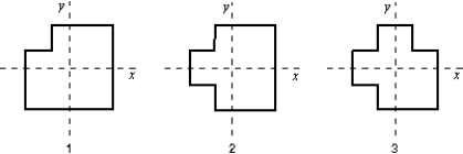 <strong>A machinist starts with three identical square plates but cuts one corner from one of them, two corners from the second, and three corners from the third. Rank the three plates according to the x coordinates of their centers of mass, from smallest to largest. </strong> A) 1, 2, 3 B) 1 and 2 tie, then 3 C) 1, then 2 and 3 tie D) 3, 2, 1 E) 1, 3, 2