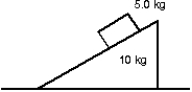 <strong>A large wedge with a mass of 10 kg rests on a horizontal frictionless surface, as shown. A block with a mass of 5.0 kg starts from rest and slides down the inclined surface of the wedge, which is rough. At one instant the vertical component of the block's velocity is 3.0 m/s and the horizontal component is 6.0 m/s. At that instant the velocity of the wedge is: </strong> A) 3.0 m/s left B) 3.0 m/s, right C) 6.0 m/s, right D) 6.0 m/s, left E) 17 m/s, right