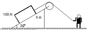 <strong>A man pulls a 100-N crate up a frictionless 30 \degree slope 5 m high as shown. Assuming that the crate moves at constant speed, the work done by the man is: </strong> A) -500 J B) -250 J C) 0 J D) 250 J E) 500 J