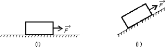 <strong>The same heavy wooden block is dragged by a force along a rough steel plate, as shown below for two possible situations. The magnitude of the acceleration is the same for the two situations; do not assume that the magnitude of is the same. The magnitude of the frictional force in (ii), as compared with that in (i) is: </strong> A) the same B) greater C) less D) less for some angles and greater for others E) can be less or greater, depending on the magnitude of the applied force.