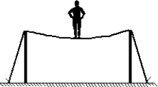 <strong>A circus performer of weight W is walking along a high wire as shown. The tension in the wire is: </strong> A) approximately W B) approximately W/2 C) much less than W D) much more than W E) depends on whether he stands on one or two feet