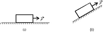 <strong>A heavy wooden block is dragged by a force along a rough steel plate, as shown below for two cases. The magnitude of the applied force is the same for both cases. The normal force in (ii), as compared with the normal force in (i) is: </strong> A) the same B) greater C) less D) less for some angles of the incline and greater for others E) less or greater, depending on the magnitude of the applied force