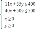 <strong>An experiment that involves learning in animals requires placing white mice and rabbits into separate, controlled environments, environment I and environment II. The maximum amount of time available in environment I 400 is minutes, and the maximum amount of time available in environment II is 500 minutes. The white mice must spend 11 minutes in environment I and 40 minutes in environment II, and the rabbits must spend 35 minutes in environment I and 50 minutes in environment II. Write a system of inequalities that describes the constraints on the number of each type of animal used in the experiment. Let x denote the number of white mice and y denote the number of rabbits. </strong> A) B) C) D) E) 