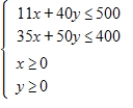 <strong>An experiment that involves learning in animals requires placing white mice and rabbits into separate, controlled environments, environment I and environment II. The maximum amount of time available in environment I 400 is minutes, and the maximum amount of time available in environment II is 500 minutes. The white mice must spend 11 minutes in environment I and 40 minutes in environment II, and the rabbits must spend 35 minutes in environment I and 50 minutes in environment II. Write a system of inequalities that describes the constraints on the number of each type of animal used in the experiment. Let x denote the number of white mice and y denote the number of rabbits. </strong> A) B) C) D) E) 