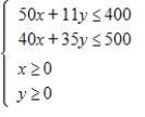 <strong>An experiment that involves learning in animals requires placing white mice and rabbits into separate, controlled environments, environment I and environment II. The maximum amount of time available in environment I 400 is minutes, and the maximum amount of time available in environment II is 500 minutes. The white mice must spend 11 minutes in environment I and 40 minutes in environment II, and the rabbits must spend 35 minutes in environment I and 50 minutes in environment II. Write a system of inequalities that describes the constraints on the number of each type of animal used in the experiment. Let x denote the number of white mice and y denote the number of rabbits. </strong> A) B) C) D) E) 