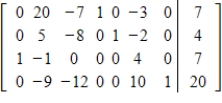 <strong>A simplex matrix for a standard maximization problem is given. Indicate whether or not the solution shown is complete (optimal). If the solution is not complete, find the next pivot or indicate that no solution exists. </strong> A) next pivot: -12 in R<sub>4</sub>C<sub>3</sub> B) next pivot: -7 in R<sub>1</sub>C<sub>3</sub> C) next pivot: 5 in R<sub>2</sub>C<sub>2</sub> D) optimal solution E) no solution