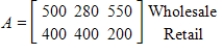 <strong>Let matrix A represent the sales (in thousands of dollars) for the Walbash Company in 2004 in various cities, and let matrix B represent the sales (in thousands of dollars) for the same company in 2005 in the same cities. Write the matrix that represents the total sales by type (wholesale and retail) and city (Chicago, Atlanta, and Memphis) for both years. ; </strong> A) B) C) D) E) 