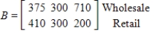 <strong>Let matrix A represent the sales (in thousands of dollars) for the Walbash Company in 2004 in various cities, and let matrix B represent the sales (in thousands of dollars) for the same company in 2005 in the same cities. Write the matrix that represents the total sales by type (wholesale and retail) and city (Chicago, Atlanta, and Memphis) for both years. ; </strong> A) B) C) D) E) 