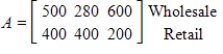 <strong>Let matrix A represent the sales (in thousands of dollars) for the Walbash Company in 2004 in various cities, and let matrix B represent the sales (in thousands of dollars) for the same company in 2005 in the same cities. Write the matrix that represents the change in sales by type (wholesale and retail) and city (Chicago, Atlanta, and Memphis) from 2004 to 2005. ; </strong> A) B) C) D) E) 
