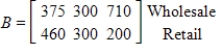 <strong>Let matrix A represent the sales (in thousands of dollars) for the Walbash Company in 2004 in various cities, and let matrix B represent the sales (in thousands of dollars) for the same company in 2005 in the same cities. Write the matrix that represents the change in sales by type (wholesale and retail) and city (Chicago, Atlanta, and Memphis) from 2004 to 2005. ; </strong> A) B) C) D) E) 