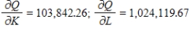 <strong>Suppose that the output Q (in units) of a certain company is , where K is the capital expenditures in thousands of dollars and L is the number of labor hours. Find and when capital expenditures are $45,000 and the labor hours total 5,400. Round your answers to two decimal places. </strong> A) B) C) D) E)