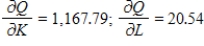 <strong>Suppose that the output Q (in units) of a certain company is , where K is the capital expenditures in thousands of dollars and L is the number of labor hours. Find and when capital expenditures are $45,000 and the labor hours total 5,400. Round your answers to two decimal places. </strong> A) B) C) D) E)