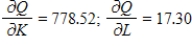 <strong>Suppose that the output Q (in units) of a certain company is , where K is the capital expenditures in thousands of dollars and L is the number of labor hours. Find and when capital expenditures are $45,000 and the labor hours total 5,400. Round your answers to two decimal places. </strong> A) B) C) D) E)