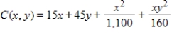 <strong>The total cost (in dollars) of producing 1 unit of a product is given by , where x represents the cost per pound of raw materials and y represents the hourly rate for labor. The present cost for raw materials is $15 per pound and the present hourly rate for labor is $11. Indicate how to use the cost function C to determine how an increase of $1 per pound for raw materials will affect the total cost. Round your answer to two decimal places. </strong> A) B) C) D) E)