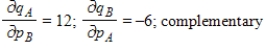 <strong>The demand functions for q<sub>A</sub> and q<sub>B</sub> units of two related products, A and B, are given. Where p<sub>A</sub> and p<sub>B</sub> are in dollars. Find the marginal demand of q<sub>A</sub> with respect to p<sub>B</sub> and the marginal demand of q<sub>B</sub> with respect to p<sub>A</sub>. Are the two goods competitive or complementary? </strong> A) B) C) D) E)