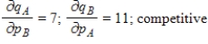 <strong>The demand functions for q<sub>A</sub> and q<sub>B</sub> units of two related products, A and B, are given. Where p<sub>A</sub> and p<sub>B</sub> are in dollars. Find the marginal demand of q<sub>A</sub> with respect to p<sub>B</sub> and the marginal demand of q<sub>B</sub> with respect to p<sub>A</sub>. Are the two goods competitive or complementary? </strong> A) B) C) D) E)