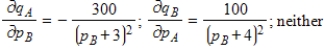 <strong>The demand functions for q<sub>A</sub> and q<sub>B</sub> units of two related products, A and B, are given by Where p<sub>A</sub> and p<sub>B</sub> are in dollars. Find the marginal demand of q<sub>A</sub> with respect to p<sub>B</sub> and the marginal demand of q<sub>B</sub> with respect to p<sub>A</sub>. Are the two goods competitive or complementary? </strong> A) B) C) D) E)